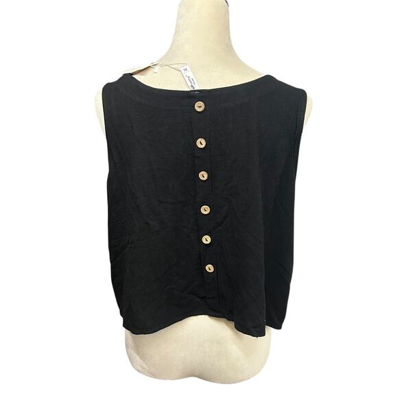 Black Linen Blend Button Front Tank Top XL Minimalist Summer Casual Chic - Picture 3 of 7
